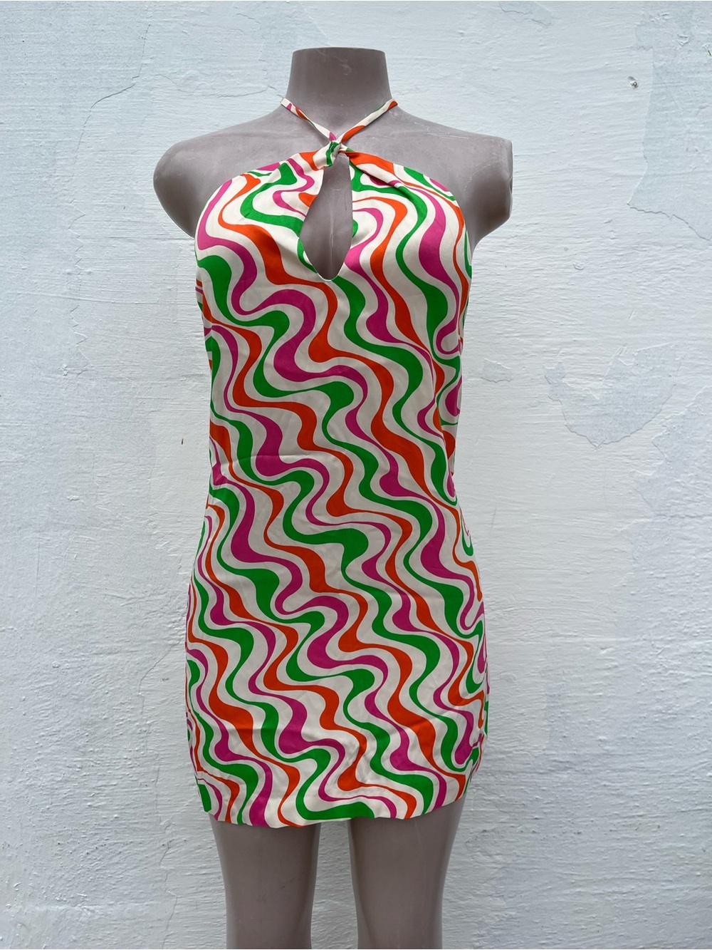 Zara Pink Green Orange Cream Halter-Keyhole Wave-Print Mini Dress